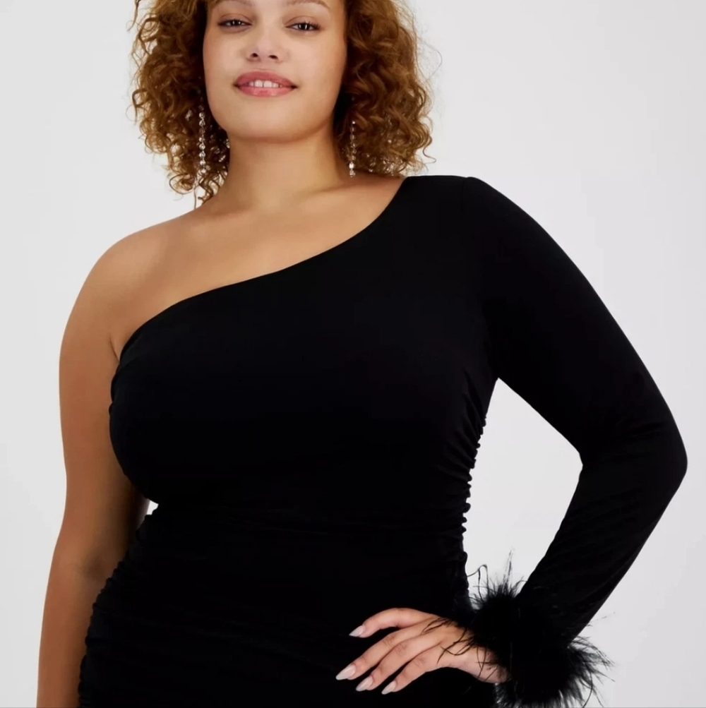 City Studios Women One-Shoulder Feather-Cuff Dress XL Black Cocktail Party NWT